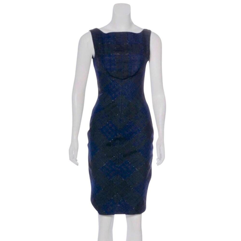 Diane von Furstenberg DVF Dress Blue sz2 Wool, Bow Detail Herringbone